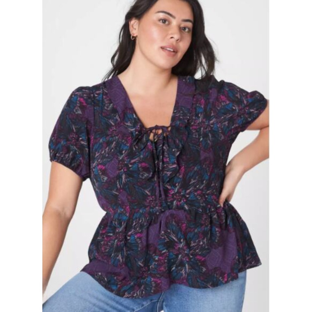 Lane Bryant Multicolor Floral Print Peplum Blouse Top Size 20 V-Neck Tie Front